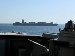 A view of Iranian-flagged cargo ship M/V Touska as the US Navy Arleigh Burke-class Aegis guided missile destroyer USS Spruance conducts its interception in a location given as the north Arabian Sea.