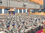 Security review meeting of all forces held at CRPF 3rd Signal Battalion at Salt Lake in West Bengal’s Kolkata. (HT Photo)