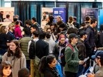 Students speak with representatives during the Hi-Tech Career Fair at the University of Victoria in Victoria, British Columbia, Canada, on February 3, 2026 (Photograph for representative purpose only). (Bloomberg)