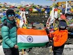 Tegbir Singh poses for a picture with his father, Sukhinderdeep Singh, after completing the Annapurna Circuit in Nepal on Saturday. (HT)