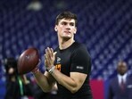 Ty Simpson of the Alabama Crimson Tide participates in a drill during the 2026 NFL Scouting Combine at Lucas Oil Stadium