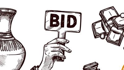 Hand drawn sketch auction set with rare picture vase bid money hammer and manager isolated vector illustration