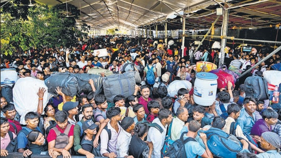 On Monday, at LTT people queued up in large numbers; the rush caused the barricades to crash to the ground (Raju Shinde/HT Photo)
