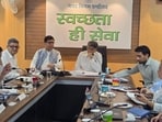 MP Manish Tewari during a meeting of the district-level advisory and monitoring committee in Chandigarh on Monday. (HT Photo)