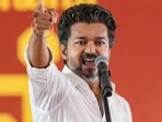 Actor and Tamilaga Vettri Kazhagam (TVK) chief Vijay addresses a public meeting ahead of the Tamil Nadu Assembly elections, in Chennai.