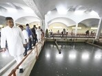 Water minister Parvesh Verma inspects the Wazirabad water treatment plant in April 2025. (HT Archive)
