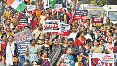 The rally at the NSCI Dome in Worli on Wednesday was part of the Mahayuti’s statewide protest in support of the bill and to condemn the opposition for defeating it in the Lok Sabha (Raju Shinde/HT Photo) The rally at the NSCI Dome in Worli on Wednesday was part of the Mahayuti’s statewide protest in support of the bill and to condemn the opposition for defeating it in the Lok Sabha (Raju Shinde/HT Photo)
