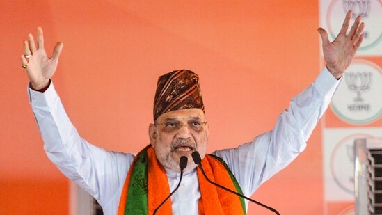 Union Home Minister Amit Shah addresses a public meeting in support of BJP candidates ahead of the West Bengal Assembly elections, in Siliguri, Darjeeling district, Tuesday, April 21, 2026. (PTI)