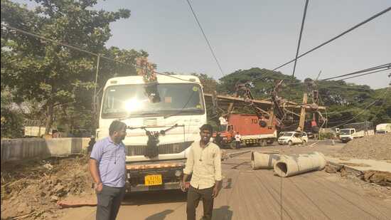 Unidentified vehicle crashed into electricity infrastructure near the 400 kV Kuruli extra high-voltage substation, damaging key feeders and toppling two poles. (HT PHOTO)