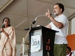 Lok Sabha LoP Rahul Gandhi addresses a public meeting, in Tirunelveli on Monday.