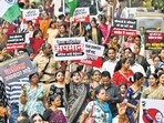 The rally at the NSCI Dome in Worli on Wednesday was part of the Mahayuti’s statewide protest in support of the bill and to condemn the opposition for defeating it in the Lok Sabha (Raju Shinde/HT Photo)