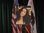 A picture of Celeste Rivas Hernandez in the front trunk of a Tesla registered to musician known professionally as d4vd, is displayed on the day of a press conference following the arrest of the 21-year-old singer, in Los Angeles, California, April 20, 2026. 