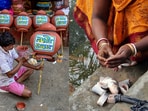 (L) An artist gives final touches to an earthen piggy bank with text that reads, "Lakshmir Bhandar". (R) A woman prepares fish for lunch at the pond in front of her house in Kumrokhali, West Bengal.