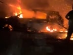 Car catches fire after multi-vehicle road accident in Mirzapur.