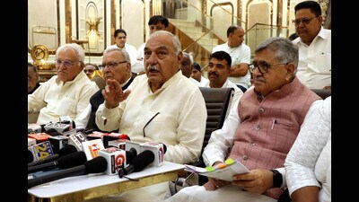 Haryana ex-CM and LoP Bhupinder Singh Hooda addressing media in Rohtak on Wednesday. (Manoj Dhaka/HT) Haryana ex-CM and LoP Bhupinder Singh Hooda addressing media in Rohtak on Wednesday. (Manoj Dhaka/HT)