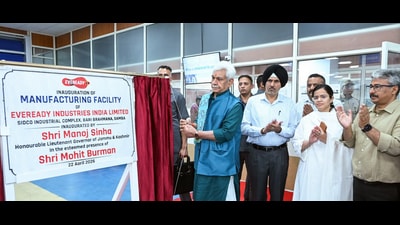 Lieutenant governor of Jammu and Kashmir Manoj Sinha inaugurates the Eveready Industries India Limited’s new industrial unit, in Samba on Wednesday. (ANI)