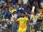 Sanju Samson celebrates 100 runs against Mumbai Indians during the IPL 2026 at Wankhede Stadium in Mumbai