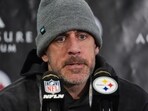 Pittsburgh Steelers quarterback Aaron Rodgers speaks at a press conference.