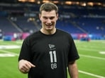 Feb 28, 2026; Indianapolis, IN, USA; Indiana quarterback Fernando Mendoza (QB11) during the NFL Scouting Combine at Lucas Oil Stadium. Mandatory Credit: Kirby Lee-Imagn Images