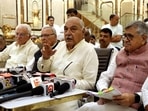Haryana ex-CM and LoP Bhupinder Singh Hooda addressing media in Rohtak on Wednesday. (Manoj Dhaka/HT)