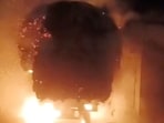 House owner Yudhvir Singh told HT on Wednesday that the tractor-trolley’s driver, however, fled the scene after the trolley caught fire. (Sakib Ali/HT Photo)