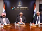 Chief Election Commissioner Gyanesh Kumar with Election Commissioners S S Sandhu and Vivek Joshi. Chief Election Commissioner Gyanesh Kumar with Election Commissioners S S Sandhu and Vivek Joshi.