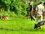 Police personnel with sniffer dogs inspect the site of the at Mundathikode , in Thrissur district on Wednesday. (PTI)