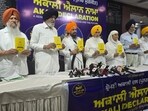Shiromani Akali Dal (Punar Surjit) leaders with the vision document at a press conference in Chandigarh on Thursday. (HT Photo)