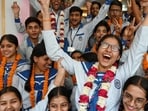 Students in Lucknow celebrate their success in the UP Board exam on Thursday. (Mushtaq Ali/HT Photo)