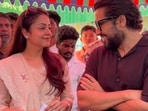 Jyotika and Suriya voted at a polling booth in Chennai on Thursday. 