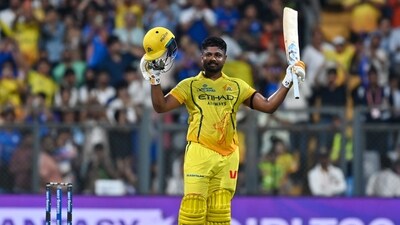 Sanju Samson struck his fifth IPL century and his second for Chennai Super Kings in just four innings, powering them to a commanding 207/6 after Mumbai Indians opted to bowl first. (HT Image) Sanju Samson struck his fifth IPL century and his second for Chennai Super Kings in just four innings, powering them to a commanding 207/6 after Mumbai Indians opted to bowl first. (HT Image)