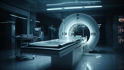 Modern hospital machinery illuminates blue MRI scanner generated by artificial intelligence