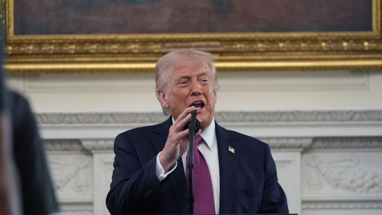 President Donald Trump speaks during an event for NCAA national champions in the State Dining Room of the White House, Tuesday, April 21, 2026, in Washington. AP/PTI(AP04_22_2026_000012A) (AP)