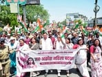 Uttarakhand Chief Minister Pushkar Singh Dhami participates in the Mahila Jan Akrosh Rally against the opposition after the Nari Shakti Vandan Act fails to pass in Lok Sabha. Uttarakhand Chief Minister Pushkar Singh Dhami participates in the Mahila Jan Akrosh Rally against the opposition after the Nari Shakti Vandan Act fails to pass in Lok Sabha.
