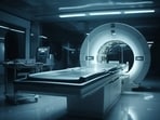 Modern hospital machinery illuminates blue MRI scanner generated by artificial intelligence