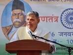 **EDS: THIRD PARTY IMAGE** In this image received on Jan. 26, 2026, Rashtriya Swayamsevak Sangh (RSS) General Secretary Dattatreya Hosabale speaks during the 77th Republic Day celebrations, at RSS office, Keshav Kunj, in New Delhi. (Handout via PTI Photo)(PTI01_26_2026_000431B) *** Local Caption ***  