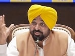 Punjab chief minister Bhagwant Mann addressing a press conference in Chandigarh on Friday. (PTI)