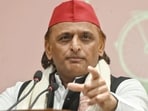 Samajwadi Party president Akhilesh Yadav addressing media persons in Lucknow on Friday. (HT)