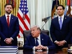 US Vice President JD Vance, President Donald Trump, and Marco Rubio, US secretary of state, in the Oval Office of the White House.