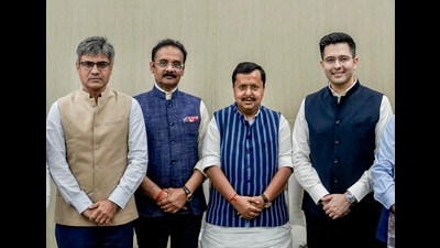 BJP national president Nitin Nabin, second right, meets Rajya Sabha members Raghav Chadha, right, Sandeep Pathak, left, and Ashok Mittal at the party's headquarters, in New Delhi on Friday. (PTI) BJP national president Nitin Nabin, second right, meets Rajya Sabha members Raghav Chadha, right, Sandeep Pathak, left, and Ashok Mittal at the party's headquarters, in New Delhi on Friday. (PTI)