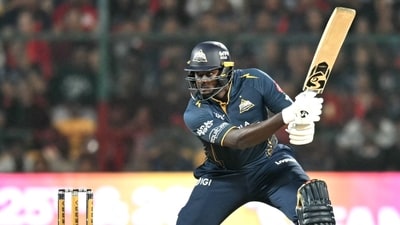 Jason Holder came in late and struck a few powerful boundaries to push GT to 205/3 – but even at the moment, it felt like the team were a few runs short of where they needed to be, with RCB controlling things late in the innings. (AFP) Jason Holder came in late and struck a few powerful boundaries to push GT to 205/3 – but even at the moment, it felt like the team were a few runs short of where they needed to be, with RCB controlling things late in the innings. (AFP)