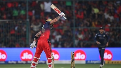 Kohli's wicket to Jason Holder sparked a mini-collapse of sorts – 3 wickets fell for 19 runs, with RCB's bid to go for the win quickly causing a few wickets. However, RCB's deep batting ensured there was no panic, as Krunal Pandya and Tim David guided the team home. (AP) Kohli's wicket to Jason Holder sparked a mini-collapse of sorts – 3 wickets fell for 19 runs, with RCB's bid to go for the win quickly causing a few wickets. However, RCB's deep batting ensured there was no panic, as Krunal Pandya and Tim David guided the team home. (AP)
