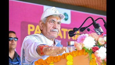 Lieutenant Governor of Jammu and Kashmir Manoj Sinha speaks during the 'Nasha-Mukt J&K' campaign event, in Reasi on Friday. (ANI)