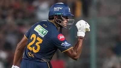Sudharsan scored 100(58) with 11 fours and five sixes, a fine innings but not one of his most fluent. His wicket came at an inopportune time, just as GT needed him to kick on and get some bonus runs at the death, as he fell to Josh Hazlewood. (PTI) Sudharsan scored 100(58) with 11 fours and five sixes, a fine innings but not one of his most fluent. His wicket came at an inopportune time, just as GT needed him to kick on and get some bonus runs at the death, as he fell to Josh Hazlewood. (PTI)