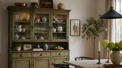 A vintage-style crockery cabinet styled with glassware and ceramics adds charm, storage, and personality to a modern dining space.