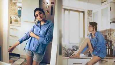 নীল ডেনিম শার্ট পরে উষ্ণ ফটোশুট ইশার