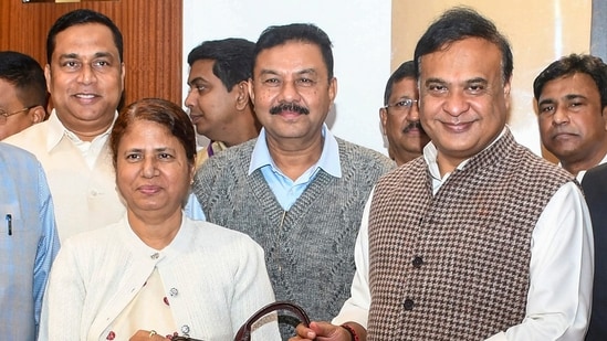 Assam Chief Minister Himanta Biswa with state Finance Minister Ajanta Neog during presentation of the interim Budget for the financial year 2026-27, at the state Assembly, in Guwahati (PTI)