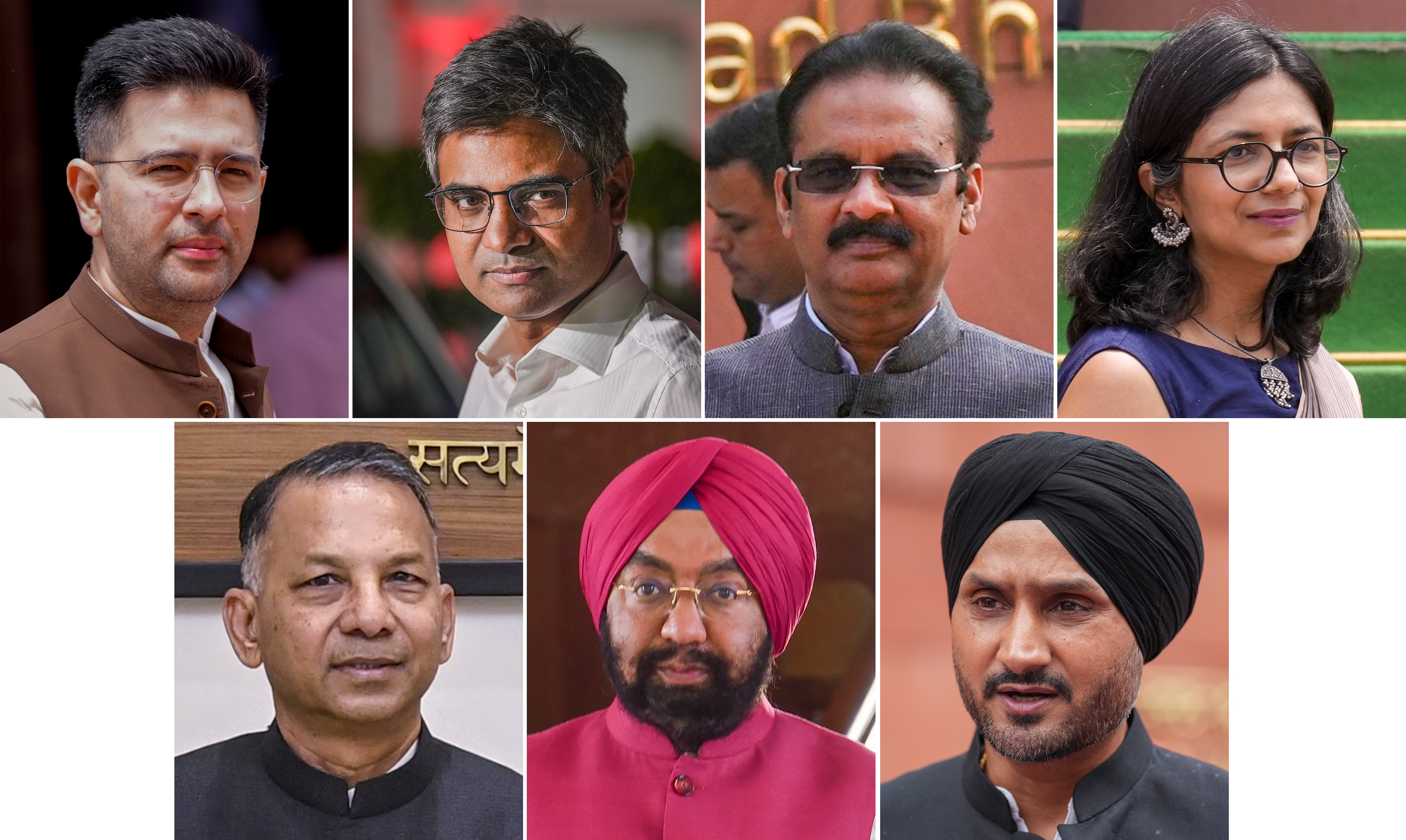 This combo image shows Aam Aadmi Party (AAP) Rajya Sabha MPs, clockwise from top left, Raghav Chadha, Sandeep Pathak, Ashok Mittal, Swati Maliwal, Harbhajan Singh, Vikramjit Singh Sahney and Rajinder Gupta. In a massive jolt to AAP, seven of its Rajya Sabha MPs, including Chadha, Pathak and Mittal, quit the party on Friday. (PTI) This combo image shows Aam Aadmi Party (AAP) Rajya Sabha MPs, clockwise from top left, Raghav Chadha, Sandeep Pathak, Ashok Mittal, Swati Maliwal, Harbhajan Singh, Vikramjit Singh Sahney and Rajinder Gupta. In a massive jolt to AAP, seven of its Rajya Sabha MPs, including Chadha, Pathak and Mittal, quit the party on Friday. (PTI)