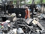 Around 150 shanties were destroyed in the fire that erupted in Shakur Basti area in New Delhi. (Arvind Yadav/Hindustan Times)