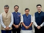 BJP national president Nitin Nabin, second right, meets Rajya Sabha members Raghav Chadha, right, Sandeep Pathak, left, and Ashok Mittal at the party's headquarters, in New Delhi on Friday. (PTI)